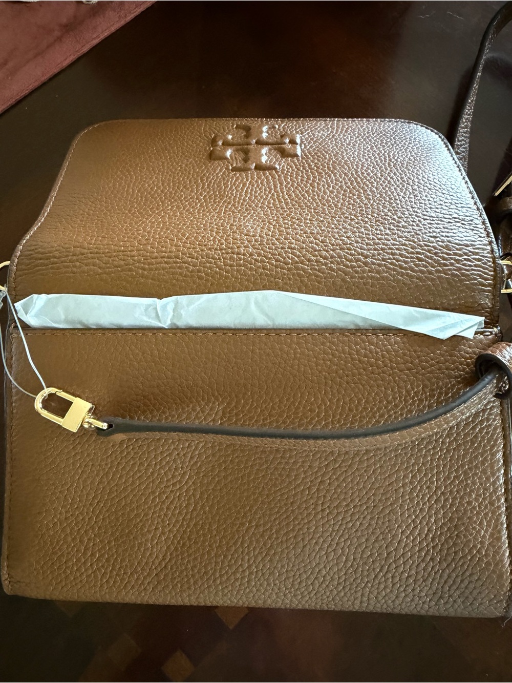 Tory Burch Brown Pebbled Leather Crossbody with Embossed Logo - Picture 7 of 8